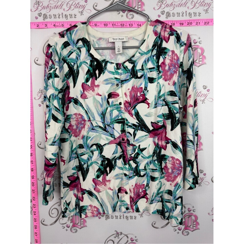 White House Black Market Floral Button-Front Top in White, Pink & Green